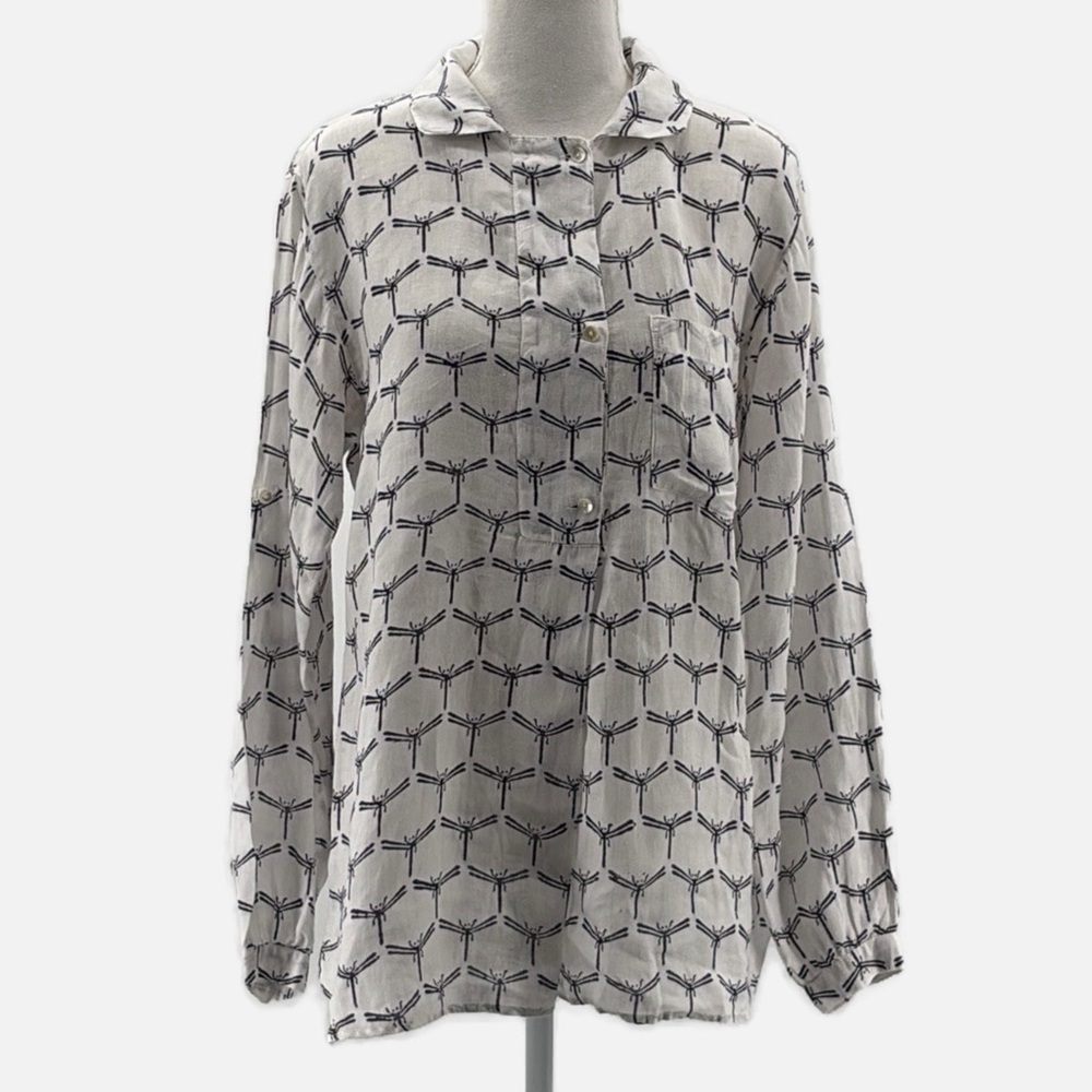 Roberta Freymann Linen Popover Long Sleeve Stamped Dragonfly Tunic Top - Sz XS
